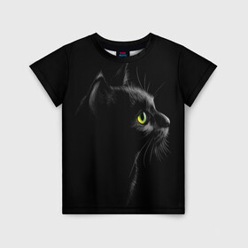 Детская футболка 3D с принтом Черный кот в Рязани, 100% гипоаллергенный полиэфир | прямой крой, круглый вырез горловины, длина до линии бедер, чуть спущенное плечо, ткань немного тянется | взгляд | глаза | киса | киска | кот | котик | котяра | профиль | пушистый | усы
