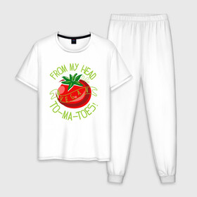 Мужская пижама хлопок с принтом Tomatoes в Рязани, 100% хлопок | брюки и футболка прямого кроя, без карманов, на брюках мягкая резинка на поясе и по низу штанин
 | green | greenpaece | nature | sport | vegan | yoga | веган | вегетарианец | гринпис | еда | животные | жизнь | здоровье | зеленый | йога | мир | овощи | пища | планета | помидор | природа | растение | спорт | тело | фрукты