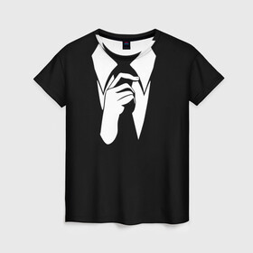 Женская футболка 3D с принтом Смокинг | Поправляю галстук в Рязани, 100% полиэфир ( синтетическое хлопкоподобное полотно) | прямой крой, круглый вырез горловины, длина до линии бедер | анонимус. | галстук | люди в чёрном | минимализм | рубашка | строгость