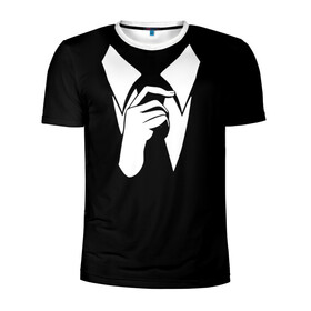Мужская футболка 3D спортивная с принтом Смокинг | Поправляю галстук в Рязани, 100% полиэстер с улучшенными характеристиками | приталенный силуэт, круглая горловина, широкие плечи, сужается к линии бедра | анонимус. | галстук | люди в чёрном | минимализм | рубашка | строгость