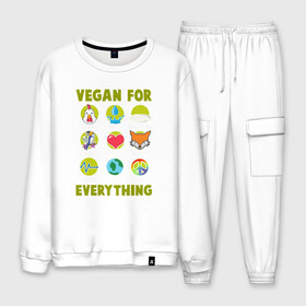 Мужской костюм хлопок с принтом Vegan For Everything в Рязани, 100% хлопок | на свитшоте круглая горловина, мягкая резинка по низу. Брюки заужены к низу, на них два вида карманов: два “обычных” по бокам и два объемных, с клапанами, расположенные ниже линии бедра. Брюки с мягкой трикотажной резинкой на поясе и по низу штанин. В поясе для дополнительного комфорта — широкие завязки | green | greenpaece | nature | sport | vegan | yoga | веган | вегетарианец | гринпис | еда | животные | жизнь | здоровье | зеленый | йога | мир | овощи | пища | планета | природа | растение | спорт | тело | фрукты