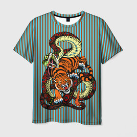 Мужская футболка 3D с принтом Тигры Змея Полосы в Рязани, 100% полиэфир | прямой крой, круглый вырез горловины, длина до линии бедер | beast | fight | snake | tiger | борьба | животные | звери | змеи | зубы | когти | кошки | полосатый | полосы | тигры | узор