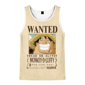 Мужская майка 3D с принтом WANTED Monkey D. Luffy в Рязани, 100% полиэстер | круглая горловина, приталенный силуэт, длина до линии бедра. Пройма и горловина окантованы тонкой бейкой | anime | manga | monkey d. luffy | one piece | аниме | большой куш | ван пис | вон пис | гол д. роджер | кайдо | король пиратов | луфи | луффи | манга | манки д. луффи | нами | нико робин | пират | портгас д. эйс | ророноа зоро