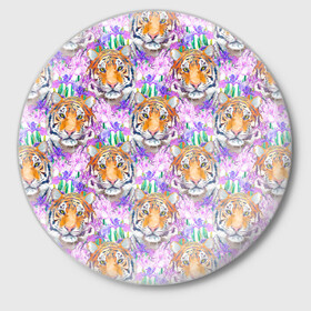Значок с принтом Тигр в цветах в Рязани,  металл | круглая форма, металлическая застежка в виде булавки | абстракция | крупная кошка | паттерн | текстуры | тигр | тигры | узоры