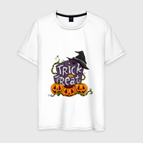 Мужская футболка хлопок с принтом Trick or treat в Рязани, 100% хлопок | прямой крой, круглый вырез горловины, длина до линии бедер, слегка спущенное плечо. | trick or treat | кошелек или жизнь | надгробие | плющ | растение | тыква | хэллоуин | шляпа