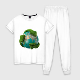 Женская пижама хлопок с принтом Чистая планета в Рязани, 100% хлопок | брюки и футболка прямого кроя, без карманов, на брюках мягкая резинка на поясе и по низу штанин | Тематика изображения на принте: зеленая планета | переработка | планета | сортировка | сортировка мусора | стрелочки | чистая планета | экология
