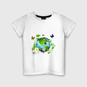 Детская футболка хлопок с принтом Чистая планета в Рязани, 100% хлопок | круглый вырез горловины, полуприлегающий силуэт, длина до линии бедер | бабочка | бабочки | зеленая планета | зелень | земля | листья | оса | планета | пчела | растения | ромашки | цветы | чистая планета | экология