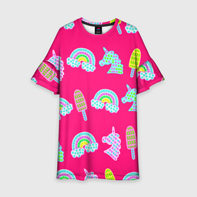 Детское платье 3D с принтом pop it радуга и единорог в Рязани, 100% полиэстер | прямой силуэт, чуть расширенный к низу. Круглая горловина, на рукавах — воланы | pop it | антистресс | детский | единорог | игрушка | лопать | мороженое | поп ит | пупырка | радуга | радужный | разноцветный | розовый | фуксия | шарики