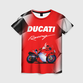 Женская футболка 3D с принтом DUCATI / ДУКАТИ / RACING в Рязани, 100% полиэфир ( синтетическое хлопкоподобное полотно) | прямой крой, круглый вырез горловины, длина до линии бедер | ducati | motorcycle | motosport | racing | speed | sport | байк. | гонки | двигатель | дукати | мото | мотокросс | мотоспорт | мототриал | мотоцикл | скорость | спорт