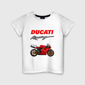 Детская футболка хлопок с принтом DUCATI / ДУКАТИ / MOTOSPORT в Рязани, 100% хлопок | круглый вырез горловины, полуприлегающий силуэт, длина до линии бедер | ducati | motorcycle | motosport | racing | speed | sport | байк. | гонки | двигатель | дукати | мото | мотокросс | мотоспорт | мототриал | мотоцикл | скорость | спорт