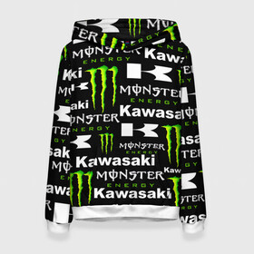 Женская толстовка 3D с принтом KAWASAKI X MONSTER ENERGY в Рязани, 100% полиэстер  | двухслойный капюшон со шнурком для регулировки, мягкие манжеты на рукавах и по низу толстовки, спереди карман-кенгуру с мягким внутренним слоем. | kawasaki | monster energy | motorcycle | motosport | racing | speed | sport | байк | гонки | двигатель | кавасаки | монстер энерджи. | мото | мотокросс | мотоспорт | мототриал | мотоцикл | скорость | спорт