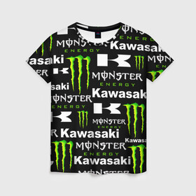 Женская футболка 3D с принтом KAWASAKI X MONSTER ENERGY в Рязани, 100% полиэфир ( синтетическое хлопкоподобное полотно) | прямой крой, круглый вырез горловины, длина до линии бедер | kawasaki | monster energy | motorcycle | motosport | racing | speed | sport | байк | гонки | двигатель | кавасаки | монстер энерджи. | мото | мотокросс | мотоспорт | мототриал | мотоцикл | скорость | спорт