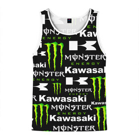 Мужская майка 3D с принтом KAWASAKI X MONSTER ENERGY в Рязани, 100% полиэстер | круглая горловина, приталенный силуэт, длина до линии бедра. Пройма и горловина окантованы тонкой бейкой | kawasaki | monster energy | motorcycle | motosport | racing | speed | sport | байк | гонки | двигатель | кавасаки | монстер энерджи. | мото | мотокросс | мотоспорт | мототриал | мотоцикл | скорость | спорт