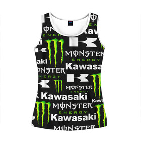 Женская майка 3D с принтом KAWASAKI X MONSTER ENERGY в Рязани, 100% полиэстер | круглая горловина, прямой силуэт, длина до линии бедра | kawasaki | monster energy | motorcycle | motosport | racing | speed | sport | байк | гонки | двигатель | кавасаки | монстер энерджи. | мото | мотокросс | мотоспорт | мототриал | мотоцикл | скорость | спорт