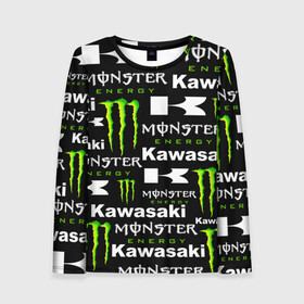 Женский лонгслив 3D с принтом KAWASAKI X MONSTER ENERGY в Рязани, 100% полиэстер | длинные рукава, круглый вырез горловины, полуприлегающий силуэт | kawasaki | monster energy | motorcycle | motosport | racing | speed | sport | байк | гонки | двигатель | кавасаки | монстер энерджи. | мото | мотокросс | мотоспорт | мототриал | мотоцикл | скорость | спорт