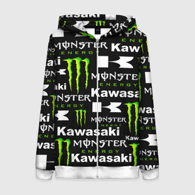 Женская толстовка 3D на молнии с принтом KAWASAKI X MONSTER ENERGY в Рязани, 100% полиэстер | длина до линии бедра, манжеты и пояс оформлены мягкой тканевой резинкой, двухслойный капюшон со шнурком для регулировки, спереди молния, по бокам два кармана | kawasaki | monster energy | motorcycle | motosport | racing | speed | sport | байк | гонки | двигатель | кавасаки | монстер энерджи. | мото | мотокросс | мотоспорт | мототриал | мотоцикл | скорость | спорт