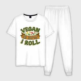 Мужская пижама хлопок с принтом Vegan - How I Roll в Рязани, 100% хлопок | брюки и футболка прямого кроя, без карманов, на брюках мягкая резинка на поясе и по низу штанин
 | green | greenpeace | nature | sport | vegan | yoga | веган | вегетарианец | гринпис | еда | животные | жизнь | здоровье | зеленый | йога | мир | овощи | пища | планета | природа | растение | спорт | тело | фрукты