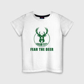 Детская футболка хлопок с принтом Fear The Deer в Рязани, 100% хлопок | круглый вырез горловины, полуприлегающий силуэт, длина до линии бедер | Тематика изображения на принте: antetokounmpo | basketball | bucks | giannis | milwaukee | mvp | nba | sport | streetball | адетокумбо | бакс | баскетбол | игра | милуоки | мяч | нба | олень | спорт | стритбол | тренер | чемпион | янис