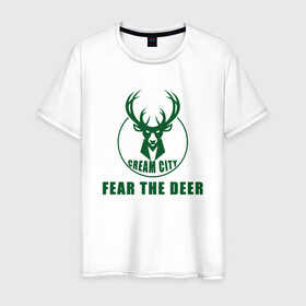 Мужская футболка хлопок с принтом Fear The Deer в Рязани, 100% хлопок | прямой крой, круглый вырез горловины, длина до линии бедер, слегка спущенное плечо. | antetokounmpo | basketball | bucks | giannis | milwaukee | mvp | nba | sport | streetball | адетокумбо | бакс | баскетбол | игра | милуоки | мяч | нба | олень | спорт | стритбол | тренер | чемпион | янис