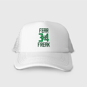 Кепка тракер с сеткой с принтом Fear The Freak 34 в Рязани, трикотажное полотно; задняя часть — сетка | длинный козырек, универсальный размер, пластиковая застежка | antetokounmpo | basketball | bucks | giannis | milwaukee | mvp | nba | sport | streetball | адетокумбо | бакс | баскетбол | игра | милуоки | мяч | нба | олень | спорт | стритбол | тренер | чемпион | янис