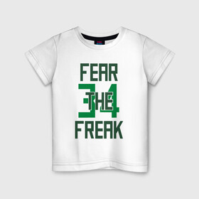 Детская футболка хлопок с принтом Fear The Freak 34 в Рязани, 100% хлопок | круглый вырез горловины, полуприлегающий силуэт, длина до линии бедер | Тематика изображения на принте: antetokounmpo | basketball | bucks | giannis | milwaukee | mvp | nba | sport | streetball | адетокумбо | бакс | баскетбол | игра | милуоки | мяч | нба | олень | спорт | стритбол | тренер | чемпион | янис