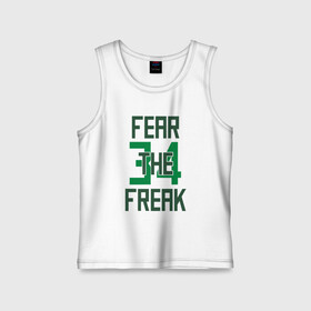 Детская майка хлопок с принтом Fear The Freak 34 в Рязани,  |  | Тематика изображения на принте: antetokounmpo | basketball | bucks | giannis | milwaukee | mvp | nba | sport | streetball | адетокумбо | бакс | баскетбол | игра | милуоки | мяч | нба | олень | спорт | стритбол | тренер | чемпион | янис