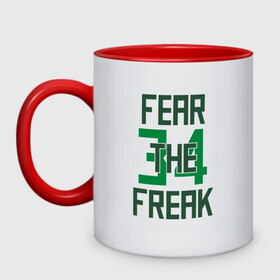 Кружка двухцветная с принтом Fear The Freak 34 в Рязани, керамика | объем — 330 мл, диаметр — 80 мм. Цветная ручка и кайма сверху, в некоторых цветах — вся внутренняя часть | antetokounmpo | basketball | bucks | giannis | milwaukee | mvp | nba | sport | streetball | адетокумбо | бакс | баскетбол | игра | милуоки | мяч | нба | олень | спорт | стритбол | тренер | чемпион | янис