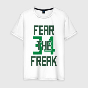 Мужская футболка хлопок с принтом Fear The Freak 34 в Рязани, 100% хлопок | прямой крой, круглый вырез горловины, длина до линии бедер, слегка спущенное плечо. | antetokounmpo | basketball | bucks | giannis | milwaukee | mvp | nba | sport | streetball | адетокумбо | бакс | баскетбол | игра | милуоки | мяч | нба | олень | спорт | стритбол | тренер | чемпион | янис