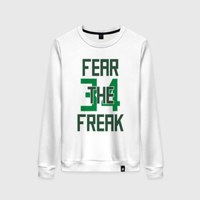 Женский свитшот хлопок с принтом Fear The Freak 34 в Рязани, 100% хлопок | прямой крой, круглый вырез, на манжетах и по низу широкая трикотажная резинка  | antetokounmpo | basketball | bucks | giannis | milwaukee | mvp | nba | sport | streetball | адетокумбо | бакс | баскетбол | игра | милуоки | мяч | нба | олень | спорт | стритбол | тренер | чемпион | янис