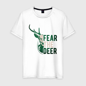 Мужская футболка хлопок с принтом Fear The Deer в Рязани, 100% хлопок | прямой крой, круглый вырез горловины, длина до линии бедер, слегка спущенное плечо. | antetokounmpo | basketball | bucks | giannis | milwaukee | mvp | nba | sport | streetball | адетокумбо | бакс | баскетбол | игра | милуоки | мяч | нба | олень | спорт | стритбол | тренер | чемпион | янис