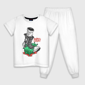 Детская пижама хлопок с принтом Against Corona!  в Рязани, 100% хлопок |  брюки и футболка прямого кроя, без карманов, на брюках мягкая резинка на поясе и по низу штанин
 | corona | covid | бактерия | бутса | иллюстрация | кроссовок