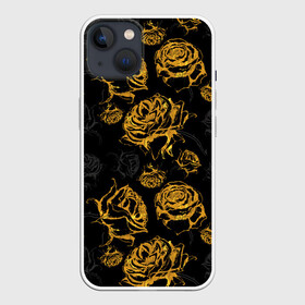 Чехол для iPhone 13 с принтом Розы. Золото с черным в Рязани,  |  | вечерний | графика | графический | золотистый | золото | золотой | крупные | праздничный | розочки | розы | темный | цветочки | цветочный | цветы | черный