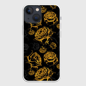 Чехол для iPhone 13 mini с принтом Розы. Золото с черным в Рязани,  |  | вечерний | графика | графический | золотистый | золото | золотой | крупные | праздничный | розочки | розы | темный | цветочки | цветочный | цветы | черный