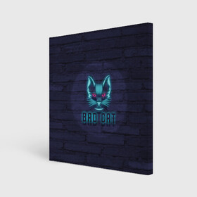 Холст квадратный с принтом Bad cat в Рязани, 100% ПВХ |  | neon | neon cat | кирпич | неон | неоновый кот | стена | тренд