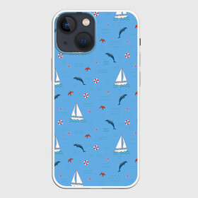Чехол для iPhone 13 mini с принтом Море, дельфины, парусник в Рязани,  |  | boat | dolphins | lifebuoy | marine | ocean | sea | southern | starfish | summer | vacation | waves | волны | корабль | лето | лодка | морская звезда | морской | обитатели | океан | отдых | пейзаж | плавание | пляж | синий | спасательный круг | 