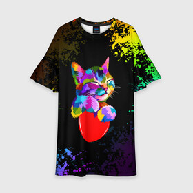 Детское платье 3D с принтом РАДУЖНЫЙ КОТИК / RAINBOW KITTY в Рязани, 100% полиэстер | прямой силуэт, чуть расширенный к низу. Круглая горловина, на рукавах — воланы | Тематика изображения на принте: heart | kitty | like | low poly | rainbow | животные | звери | котик | лайк | радуга | радужный котик | сердечко | цветные