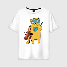 Женская футболка хлопок Oversize с принтом Кот Герой в Рязани, 100% хлопок | свободный крой, круглый ворот, спущенный рукав, длина до линии бедер
 | кот | кот в плаще | котэ | маска | супер герой | супер кот