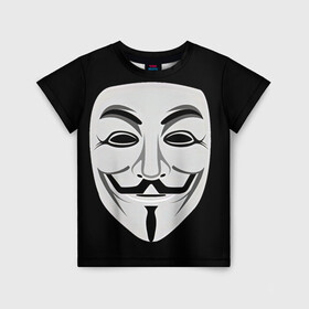 Детская футболка 3D с принтом Guy Fawkes в Рязани, 100% гипоаллергенный полиэфир | прямой крой, круглый вырез горловины, длина до линии бедер, чуть спущенное плечо, ткань немного тянется | белый | бородка | гай фокс | лицо | маска | усы | черный