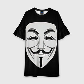 Детское платье 3D с принтом Guy Fawkes в Рязани, 100% полиэстер | прямой силуэт, чуть расширенный к низу. Круглая горловина, на рукавах — воланы | Тематика изображения на принте: белый | бородка | гай фокс | лицо | маска | усы | черный