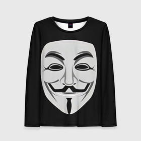 Женский лонгслив 3D с принтом Guy Fawkes в Рязани, 100% полиэстер | длинные рукава, круглый вырез горловины, полуприлегающий силуэт | белый | бородка | гай фокс | лицо | маска | усы | черный