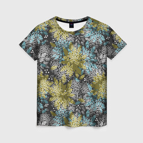 Женская футболка 3D с принтом Черно оливковый цветочный  в Рязани, 100% полиэфир ( синтетическое хлопкоподобное полотно) | прямой крой, круглый вырез горловины, длина до линии бедер | абстрактный | детский | молодежный | популярный | современный | текстура | узор | цветочный
