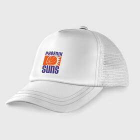 Детская кепка тракер с принтом Phoenix Suns в Рязани, Козырек - 100% хлопок. Кепка - 100% полиэстер, Задняя часть - сетка | универсальный размер, пластиковая застёжка | basketball | mvp | nba | phoenix | sport | streetball | suns | аризона | баскетбол | игра | крис пол | мяч | нба | санс | спорт | стритбол | тренер | финикс | чемпион