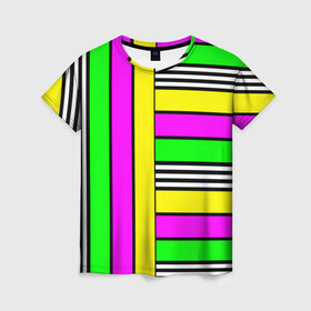 Женская футболка 3D с принтом полосатый неоновый модный узор в Рязани, 100% полиэфир ( синтетическое хлопкоподобное полотно) | прямой крой, круглый вырез горловины, длина до линии бедер | желтый неоновый | молодежный | неон | неоновый | неоновый зеленый | полосатый | разноцветный | розовый неоновый