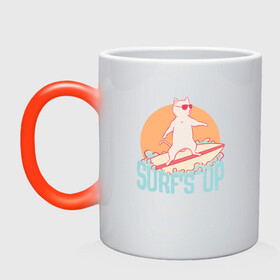 Кружка хамелеон с принтом Surfs Up | Кот сёрфер на гребне волны в Рязани, керамика | меняет цвет при нагревании, емкость 330 мл | Тематика изображения на принте: animal | cat | cute | kitty | meow | serfing | друг | животные | киска | кися | китти | кот | котенок | котик | котэ | кошечка | кошка | море | мур | мяу | питомец | серф | серфинг