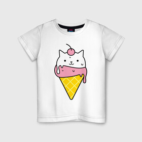 Детская футболка хлопок с принтом Ice Cream Cat в Рязани, 100% хлопок | круглый вырез горловины, полуприлегающий силуэт, длина до линии бедер | animal | cat | cute | ice cream | kitty | meow | друг | животные | киска | кися | китти | кот | котенок | котик | котэ | кошечка | кошка | мороженое | мур | мяу | питомец