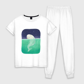 Женская пижама хлопок с принтом Белуха в Рязани, 100% хлопок | брюки и футболка прямого кроя, без карманов, на брюках мягкая резинка на поясе и по низу штанин | арт | белуха | звезда | звёзды | море | ночное небо | ночь | океан | природа | рисунок