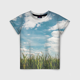 Детская футболка 3D с принтом Небушко и полюшко в Рязани, 100% гипоаллергенный полиэфир | прямой крой, круглый вырез горловины, длина до линии бедер, чуть спущенное плечо, ткань немного тянется | небо | облака | пейзаж | поле | русский | славянский | фотопринт