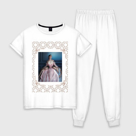 Женская пижама хлопок с принтом Renaissance в Рязани, 100% хлопок | брюки и футболка прямого кроя, без карманов, на брюках мягкая резинка на поясе и по низу штанин | renaissance | арт | графика | девушки | ренессанс | рисунок | узоры