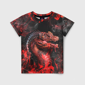 Детская футболка 3D с принтом Опасный Динозавр | Red Dino (Z) в Рязани, 100% гипоаллергенный полиэфир | прямой крой, круглый вырез горловины, длина до линии бедер, чуть спущенное плечо, ткань немного тянется | dino | dinosauria | red dino | t rex | ti rex | дино | динозавр | красный динозавр | парк юрского | т рекс | ти рекс | хищник | чудовище | юрский период | ящер | ящерица
