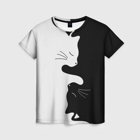 Женская футболка 3D с принтом Коты инь янь в Рязани, 100% полиэфир ( синтетическое хлопкоподобное полотно) | прямой крой, круглый вырез горловины, длина до линии бедер | cat | домашние животные | звери | инь и янь | инь янь | кот | коты | кошка | кошки | черно белое | чернобелое | черное и белое